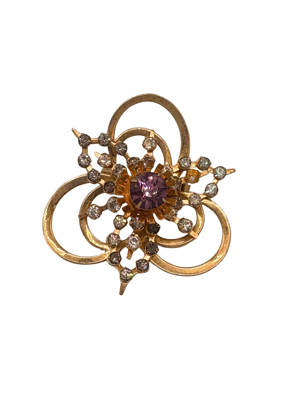 Vintage MidCentury Purple Rhinestone Starburst Brooch Gold Tone Floral Swirl Pin